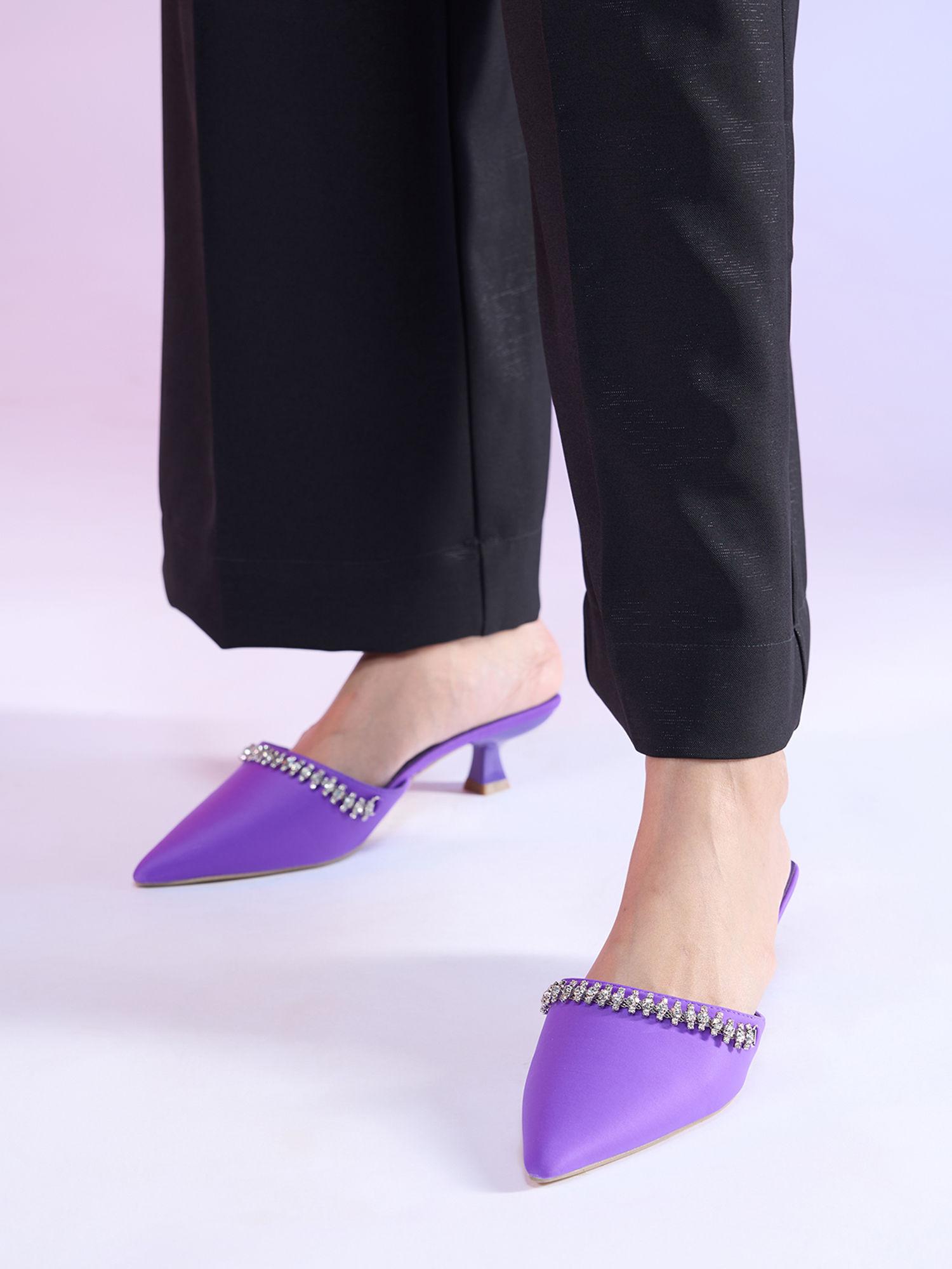 purple pointed toe embellished mule kitten heels