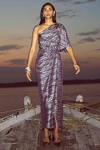 purple polyester printed one-shoulder maxi dress