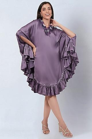 purple polyester satin ruffled dress