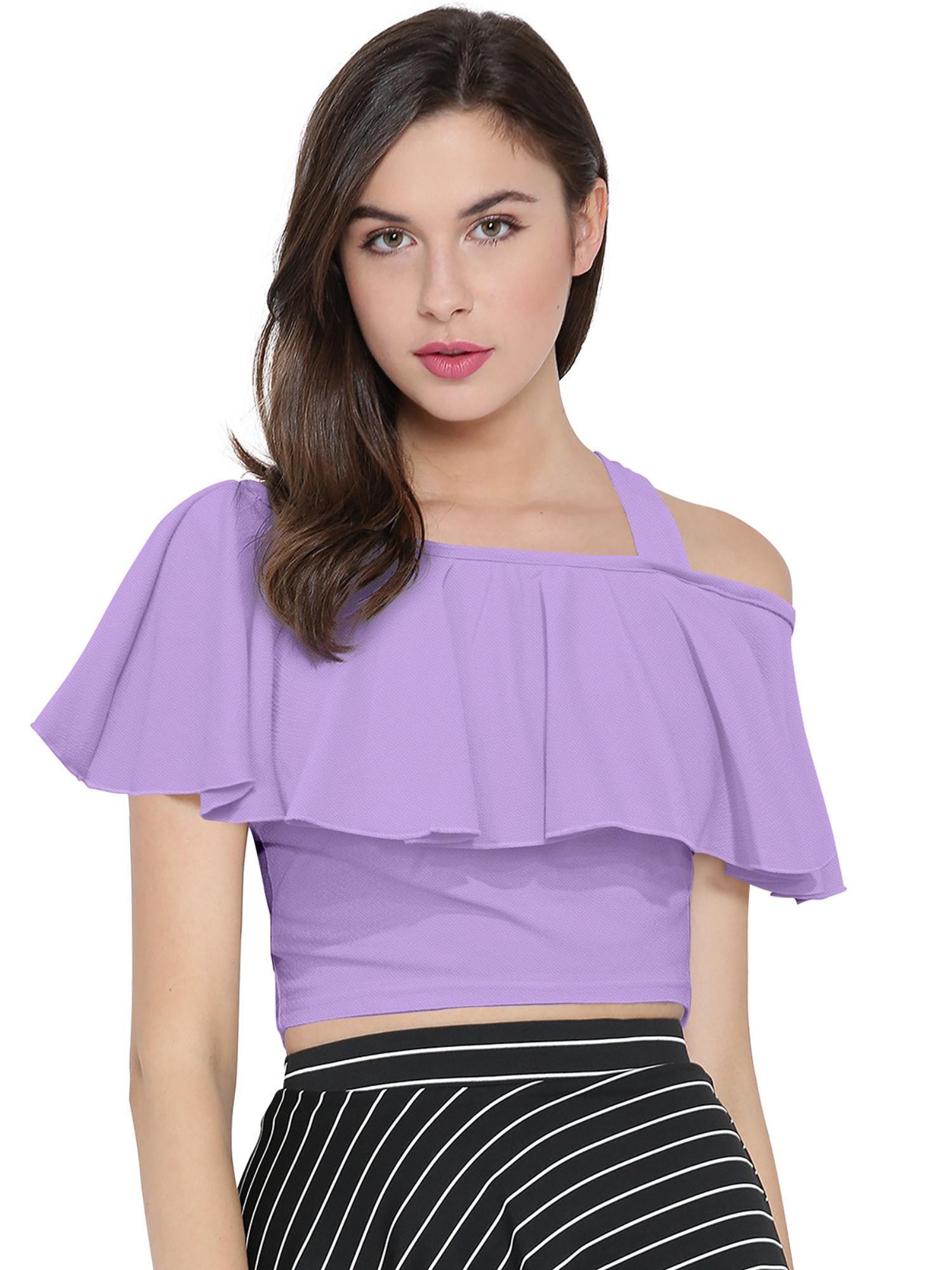 purple polyester solid crop top for women