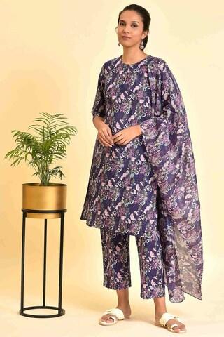 purple print casual 3/4th sleeves key hole neck women regular fit pant kurta dupatta set