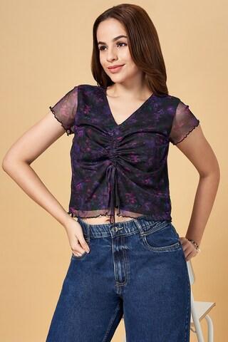 purple print casual half sleeves v-neck women slim fit  top