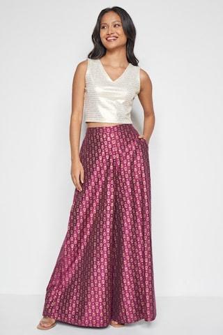 purple print full length ethnic women flared fit palazzo