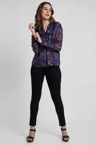 purple print lurex regular collar women regular fit shirts