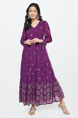 purple print v neck party full length 3/4th sleeves women regular fit dress