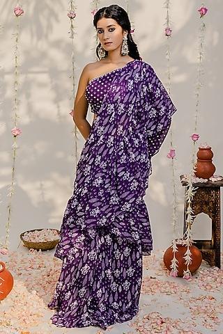 purple printed & embroidered draped saree set