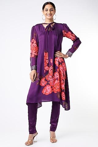 purple printed & embroidered kurta set