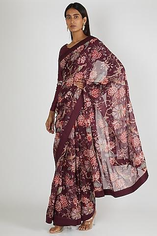 purple printed & embroidered saree set