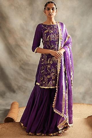 purple printed & embroidered sharara set