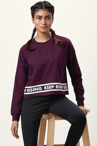 purple printed active wear full sleeves round neck women regular fit sweatshirt
