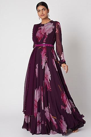 purple printed anarkali with embellished dupatta & belt