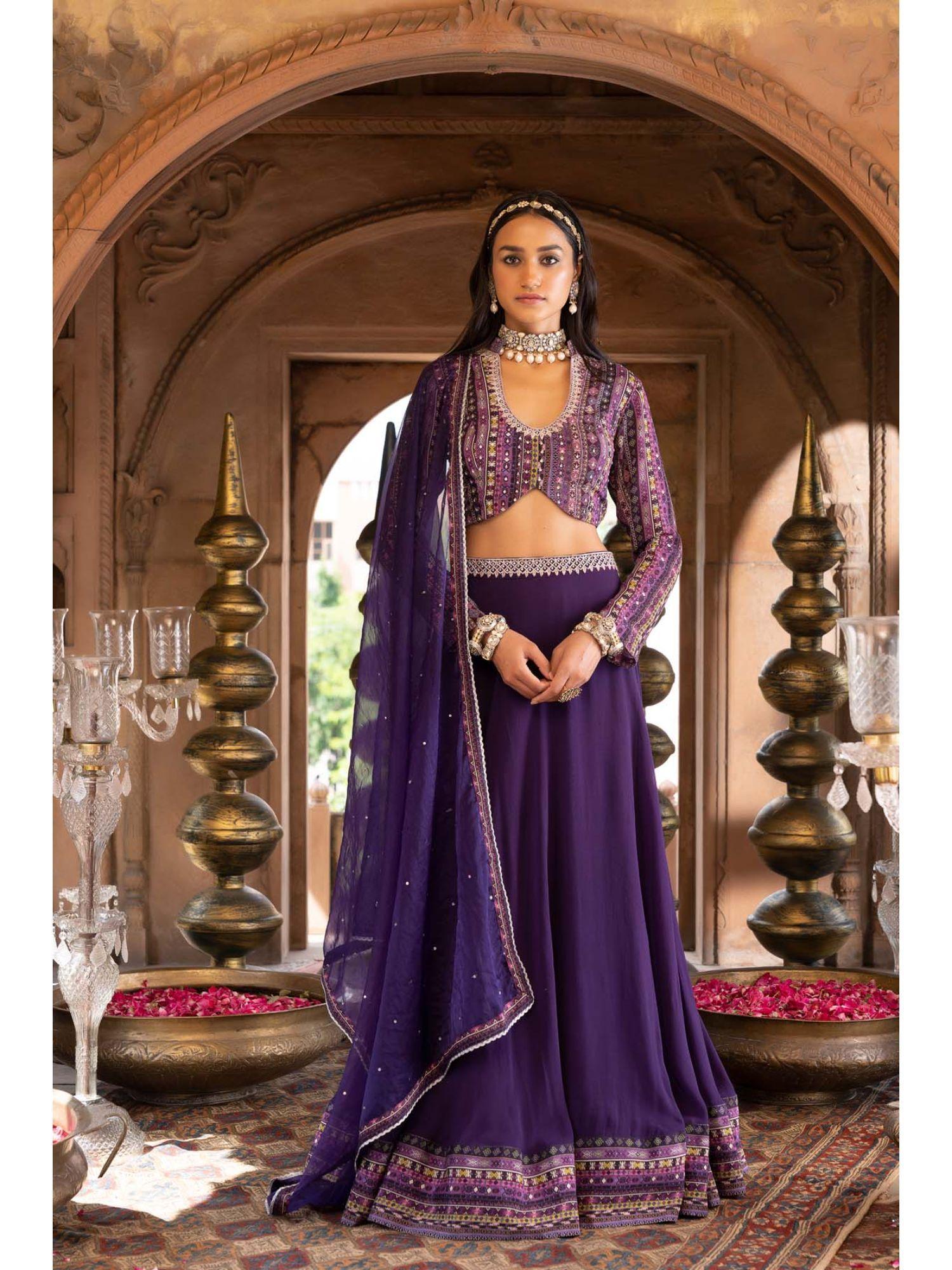 purple printed and embroidered lehenga blouse with dupatta (set of 3)
