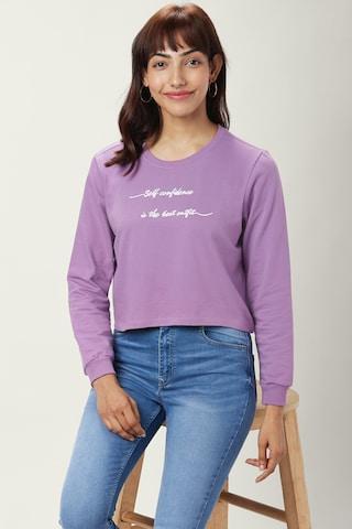 purple printed casual full sleeves round neck women comfort fit sweatshirt