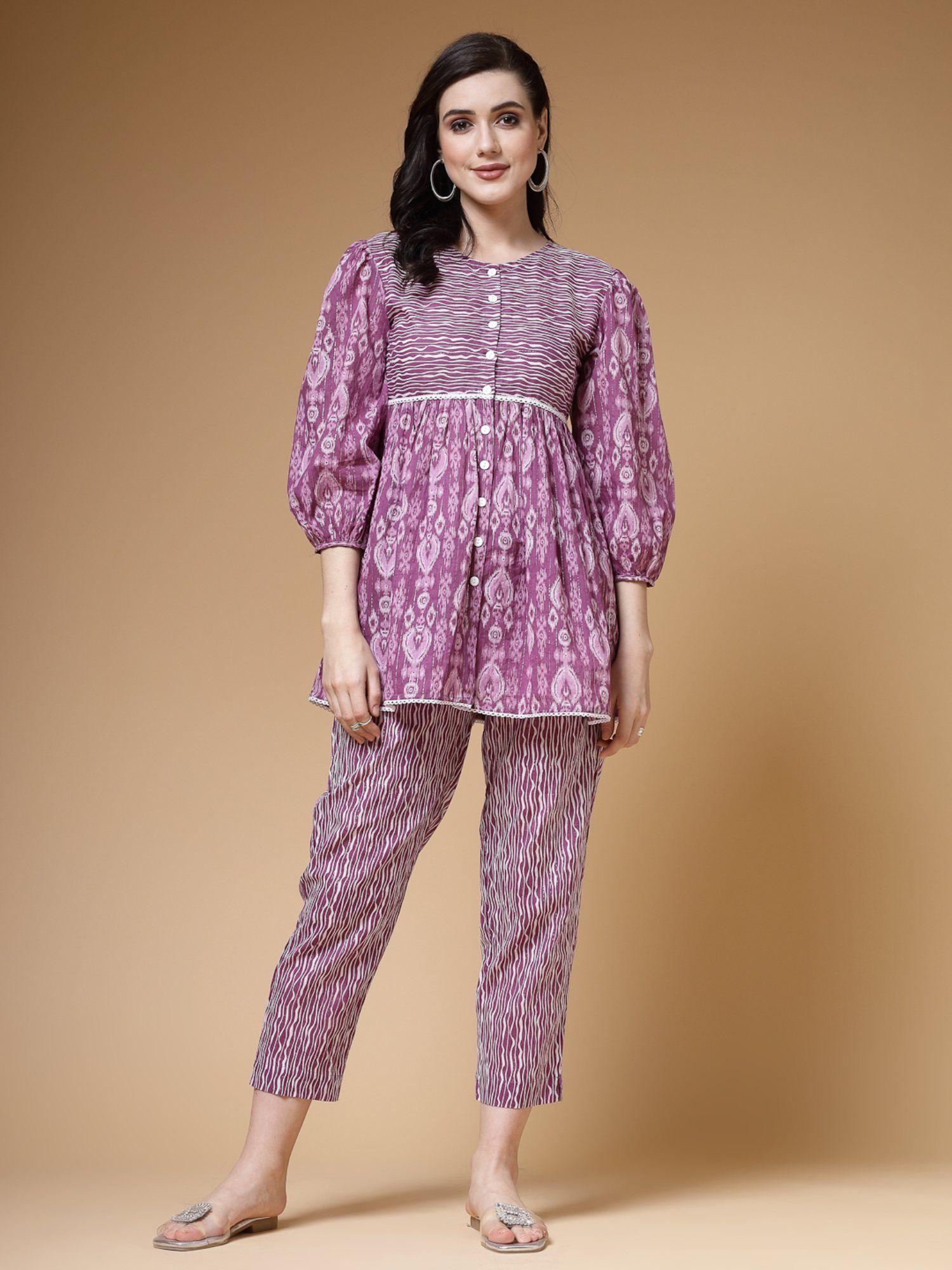 purple printed cotton lurex tunic & trouser co-ord (set of 2)