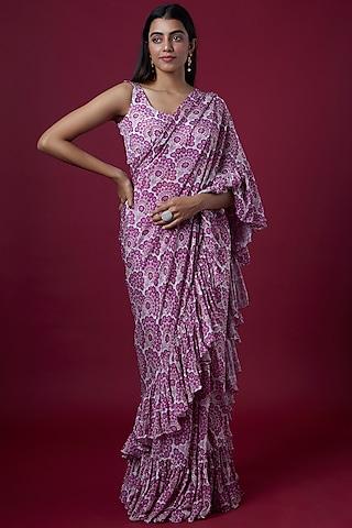 purple printed draped saree set
