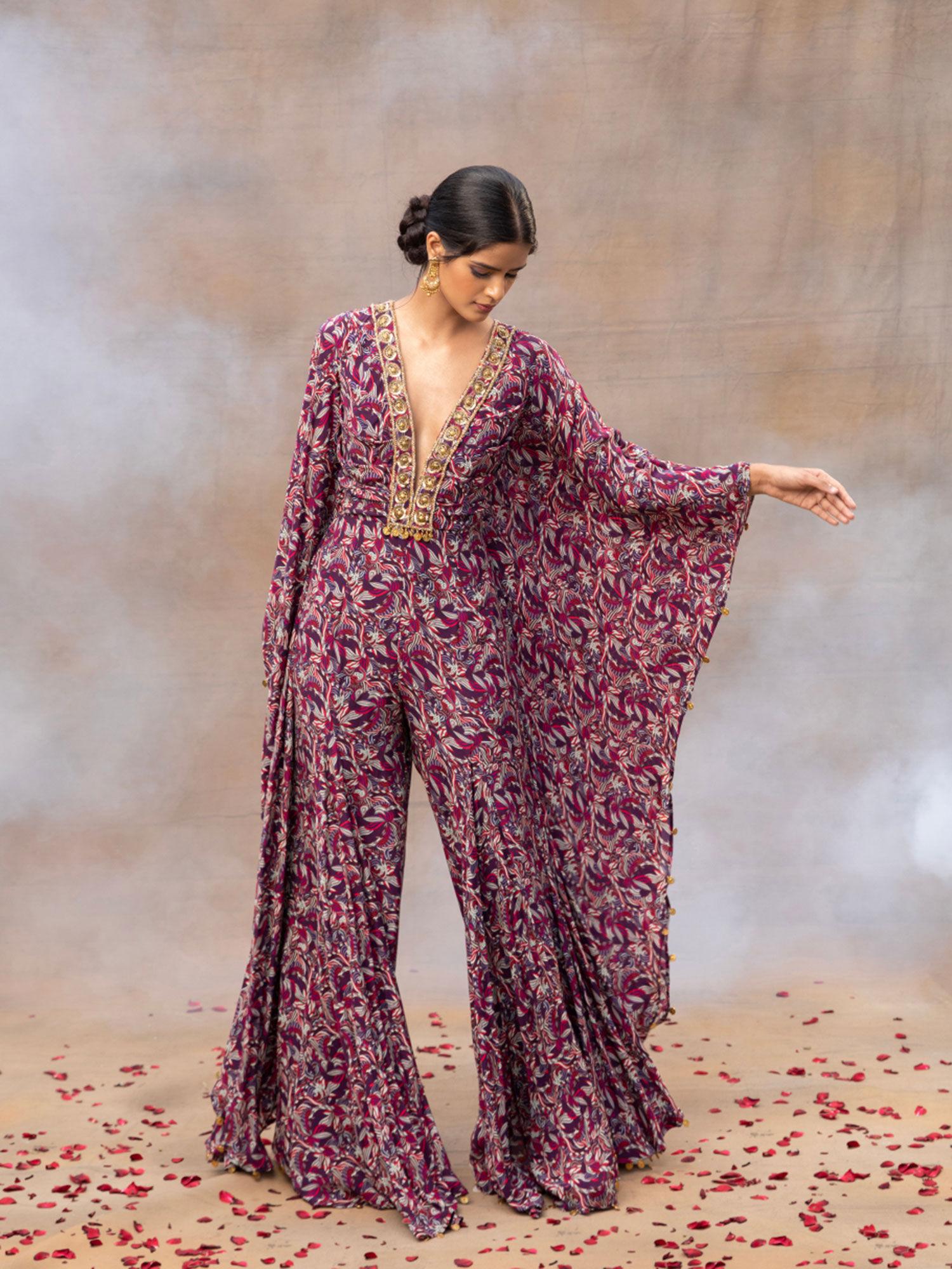 purple printed embroidered kaftan jumpsuit