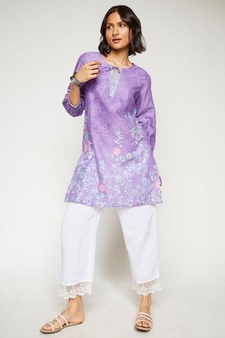 purple printed ethnic 3/4th sleeves tie-up neck women straight fit tunic