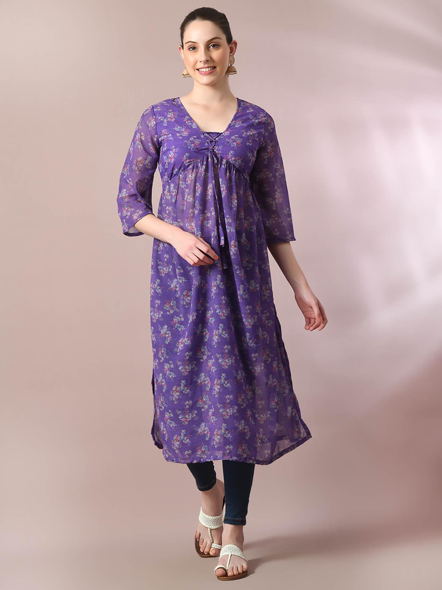 purple printed georgette a-line nyra-cut kurta