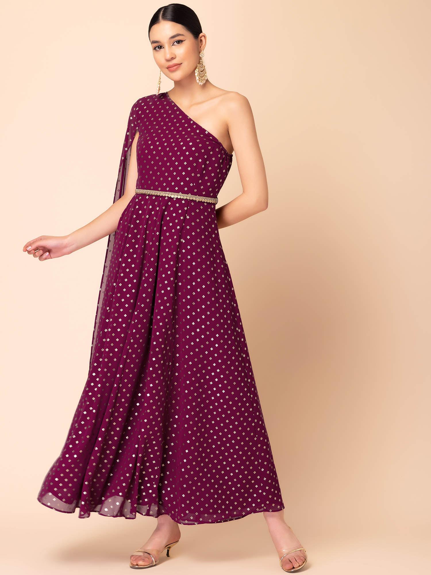 purple printed georgette maxi dress with belt (set of 2)