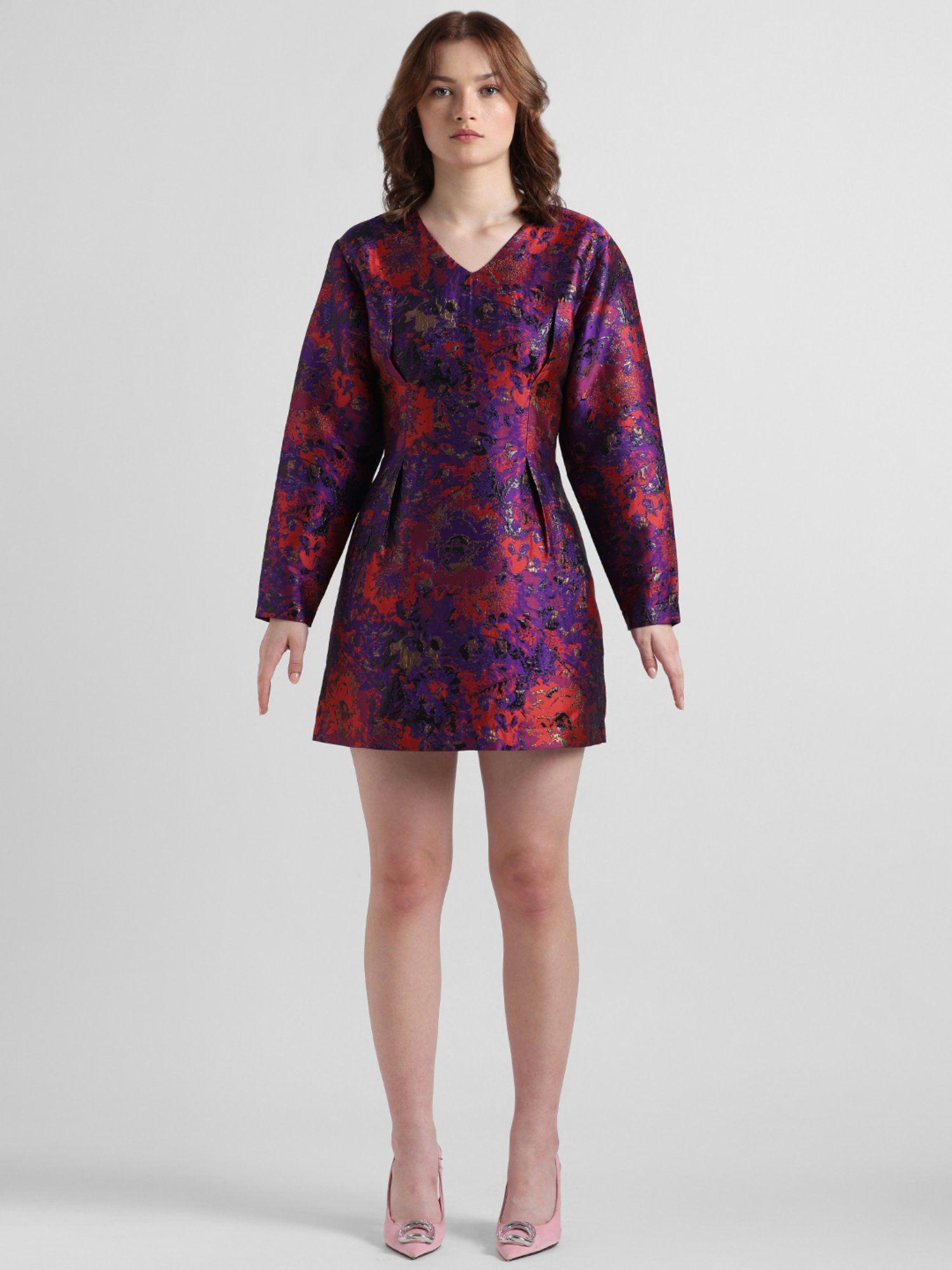 purple printed jacquard mini dress