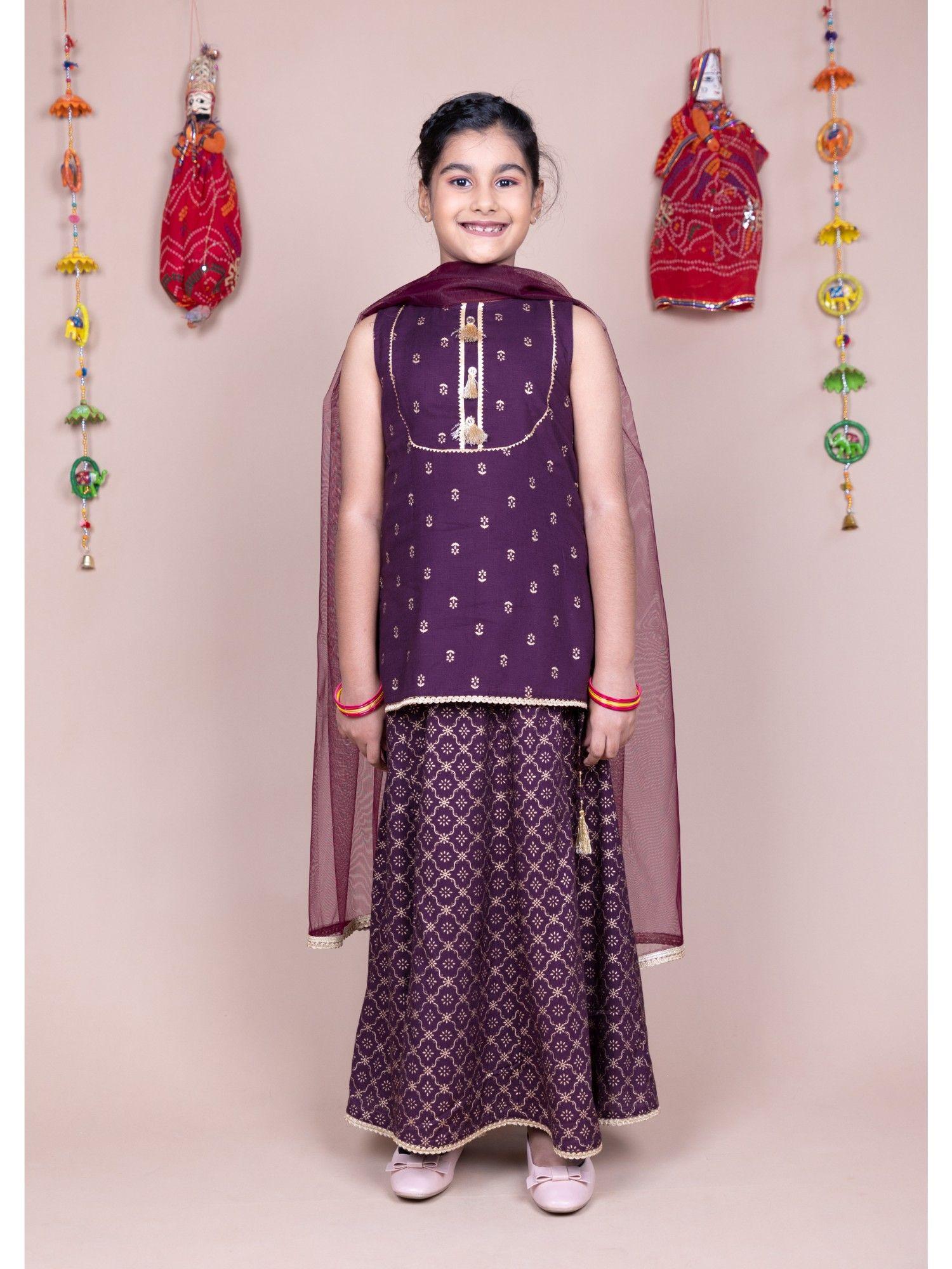 purple printed kurta and skirt with dupatta (set of 3)