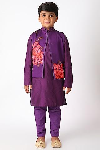 purple printed kurta set with bundi jacket for boys