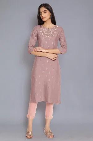 purple printed kurta with embroidery