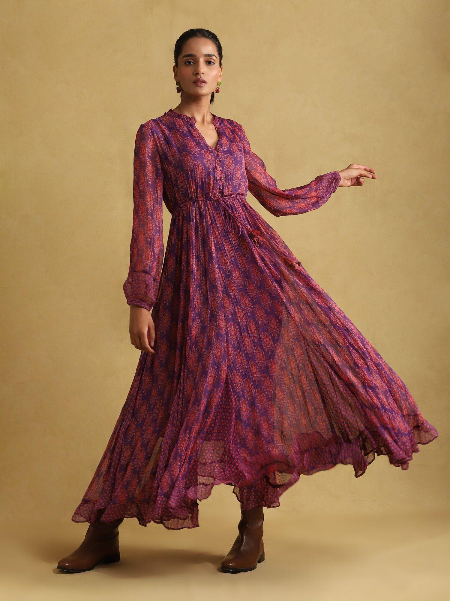 purple printed long dress