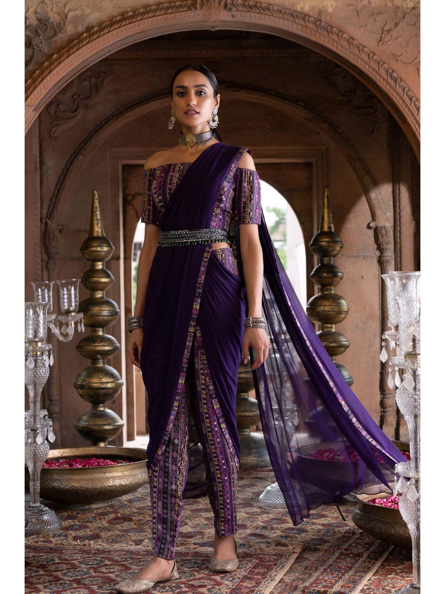 purple printed pant saree with stitched blouse and belt (set of 3)