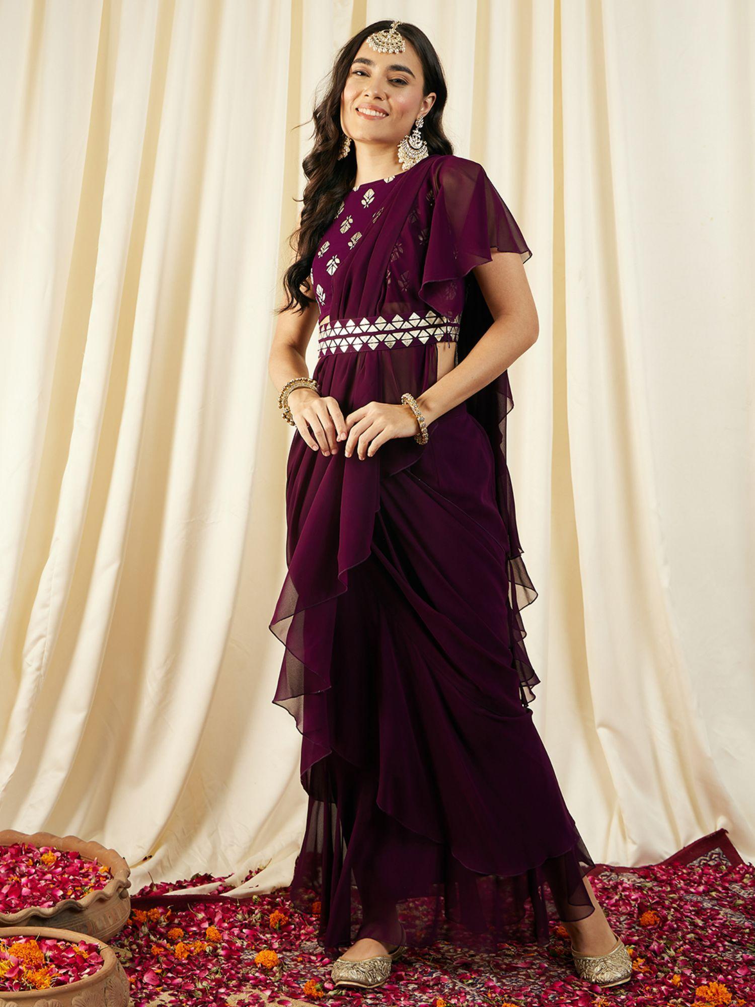 purple printed pre-draped saree with stitched blouse (set of 2)