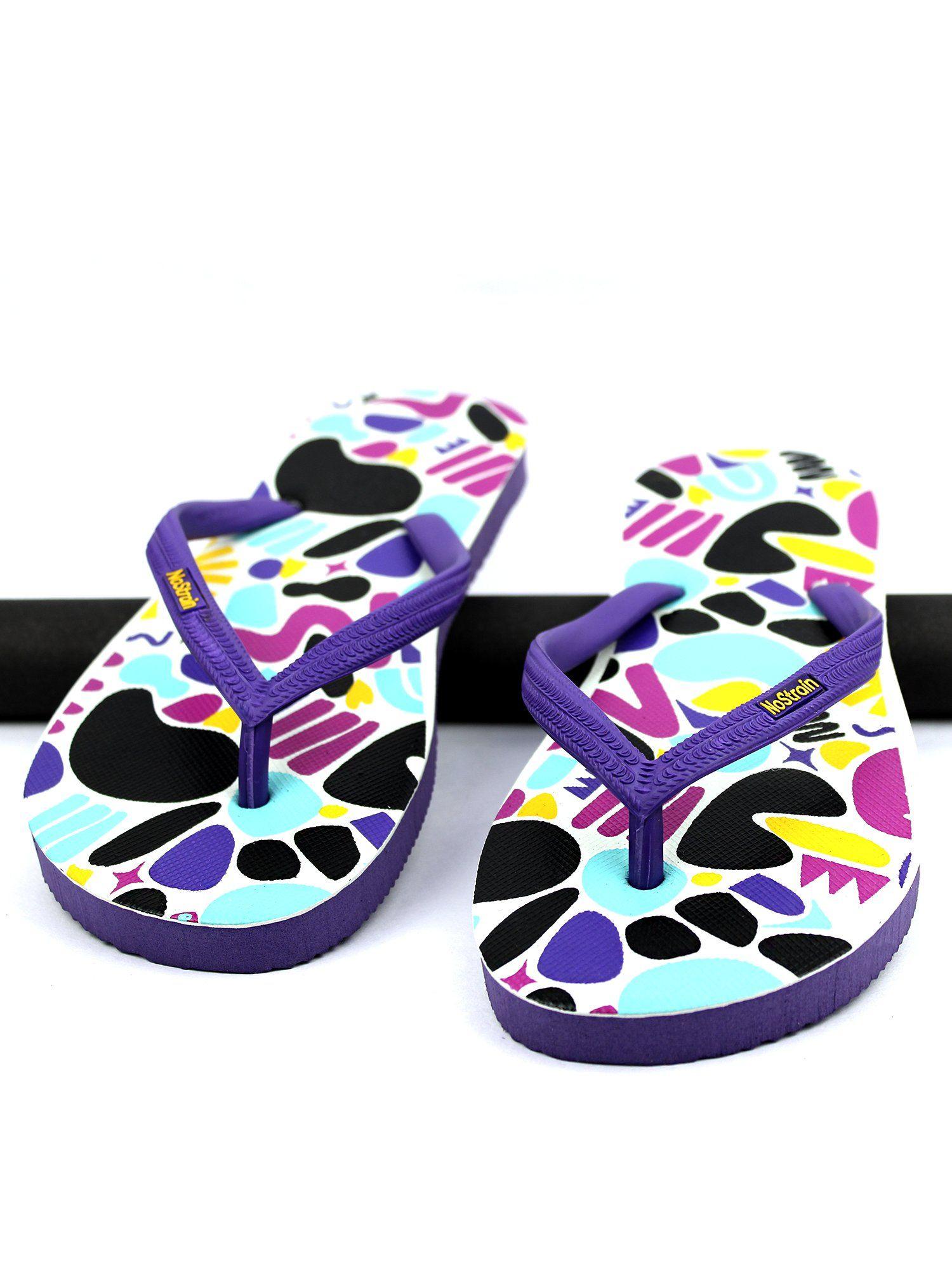 purple printed rubber women flip flops for regular wear