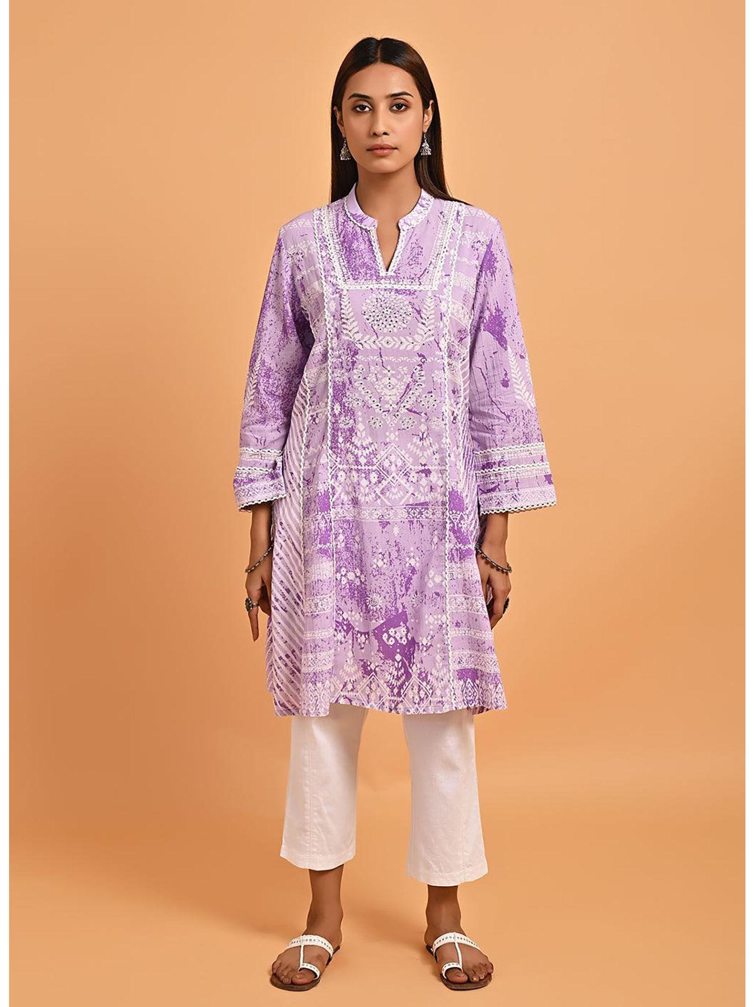 purple printed short kurti for women with lace detailing