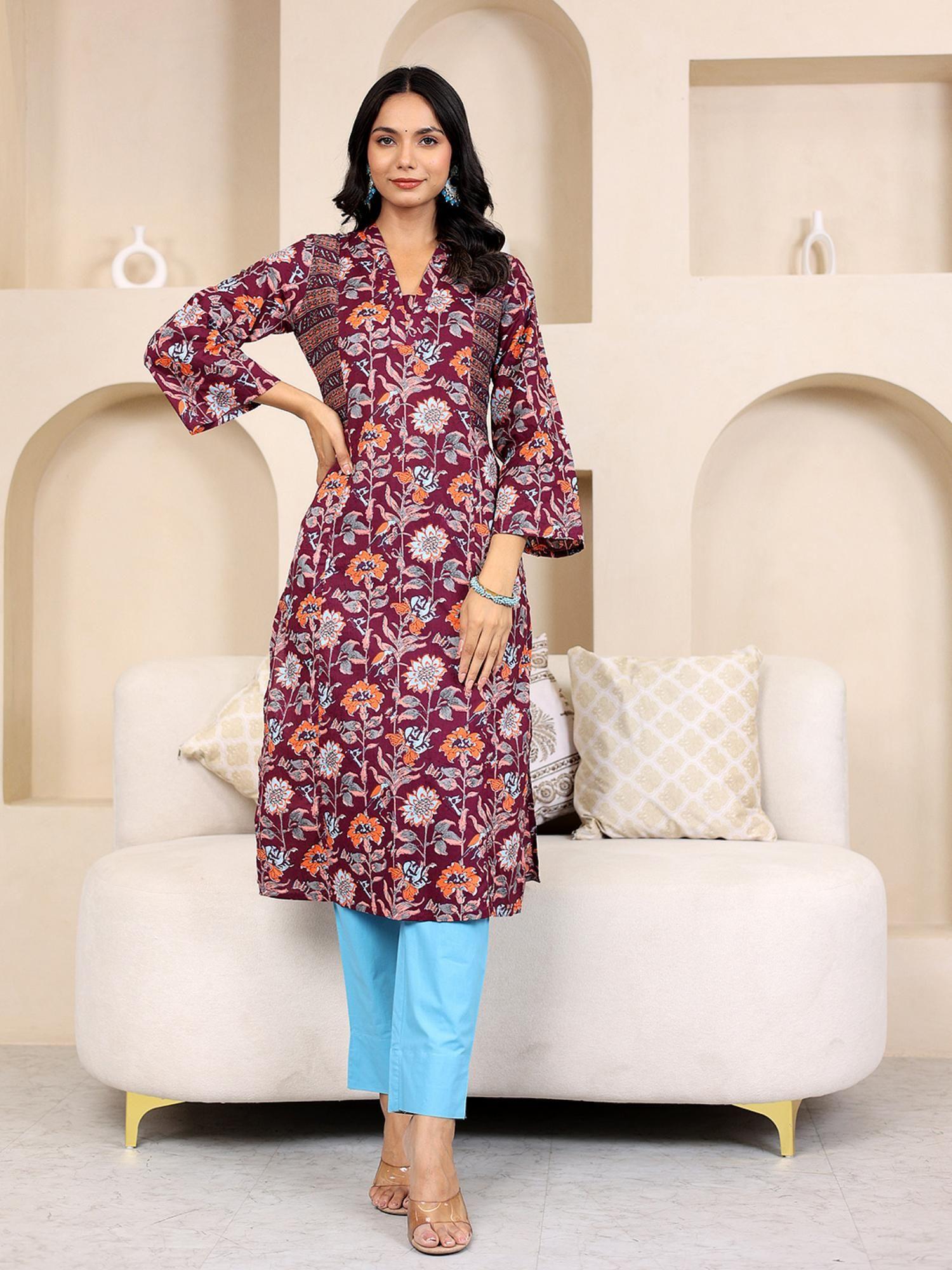 purple printed side panel straight cotton kurta