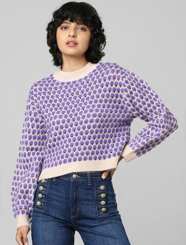 purple printed structure knit pullover