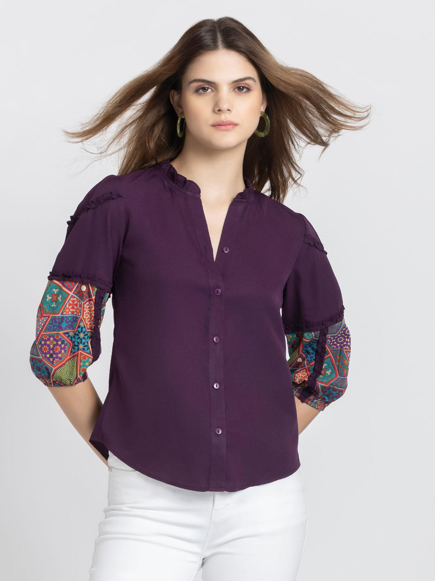 purple printed three fourth sleeves casual shirts for women