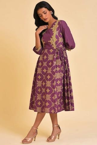 purple printed v neck ethnic calf-length 3/4th sleeves women regular fit dress
