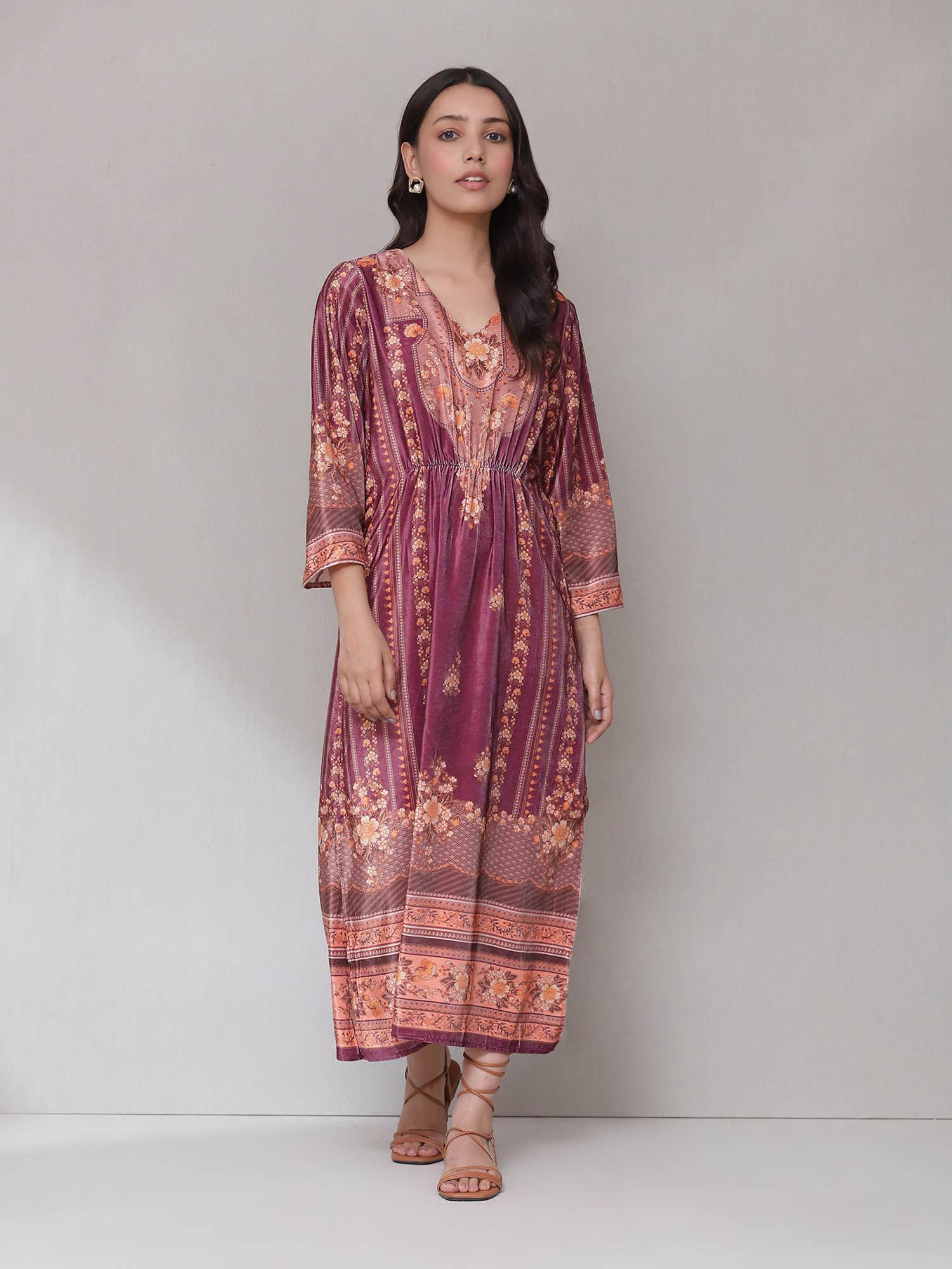 purple prune printed kaftan dress