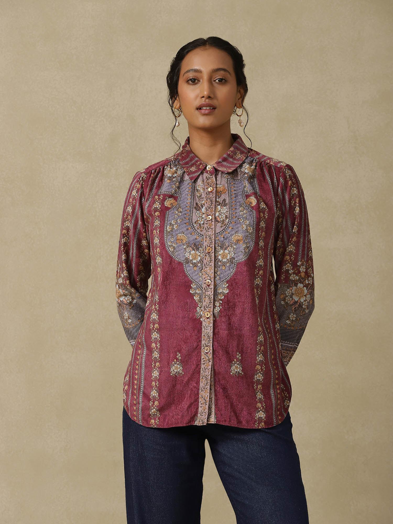 purple prune printed velvet shirt