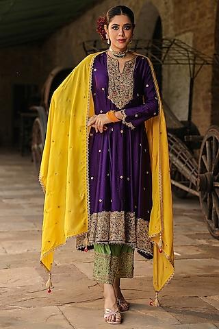 purple pure banarasi spun silk resham embroidered kalidar kurta set