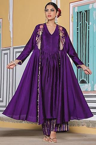purple pure banarasi spun silk resham embroidered kurta set