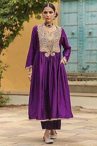 purple pure banarasi spun silk resham embroidered kurta set