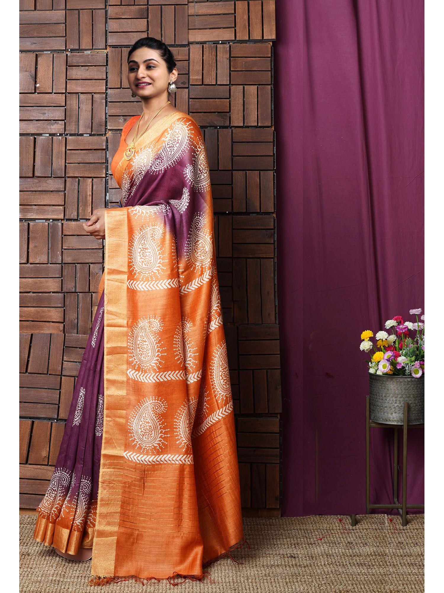 purple pure block printed pashmina silk saree with unstitched blouse