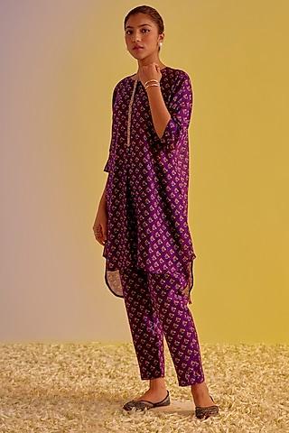 purple pure chanderi digital printed & hand embroidered kurta set
