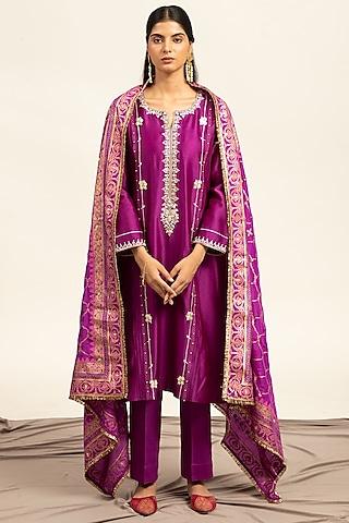 purple pure chanderi hand embroidered straight kurta set