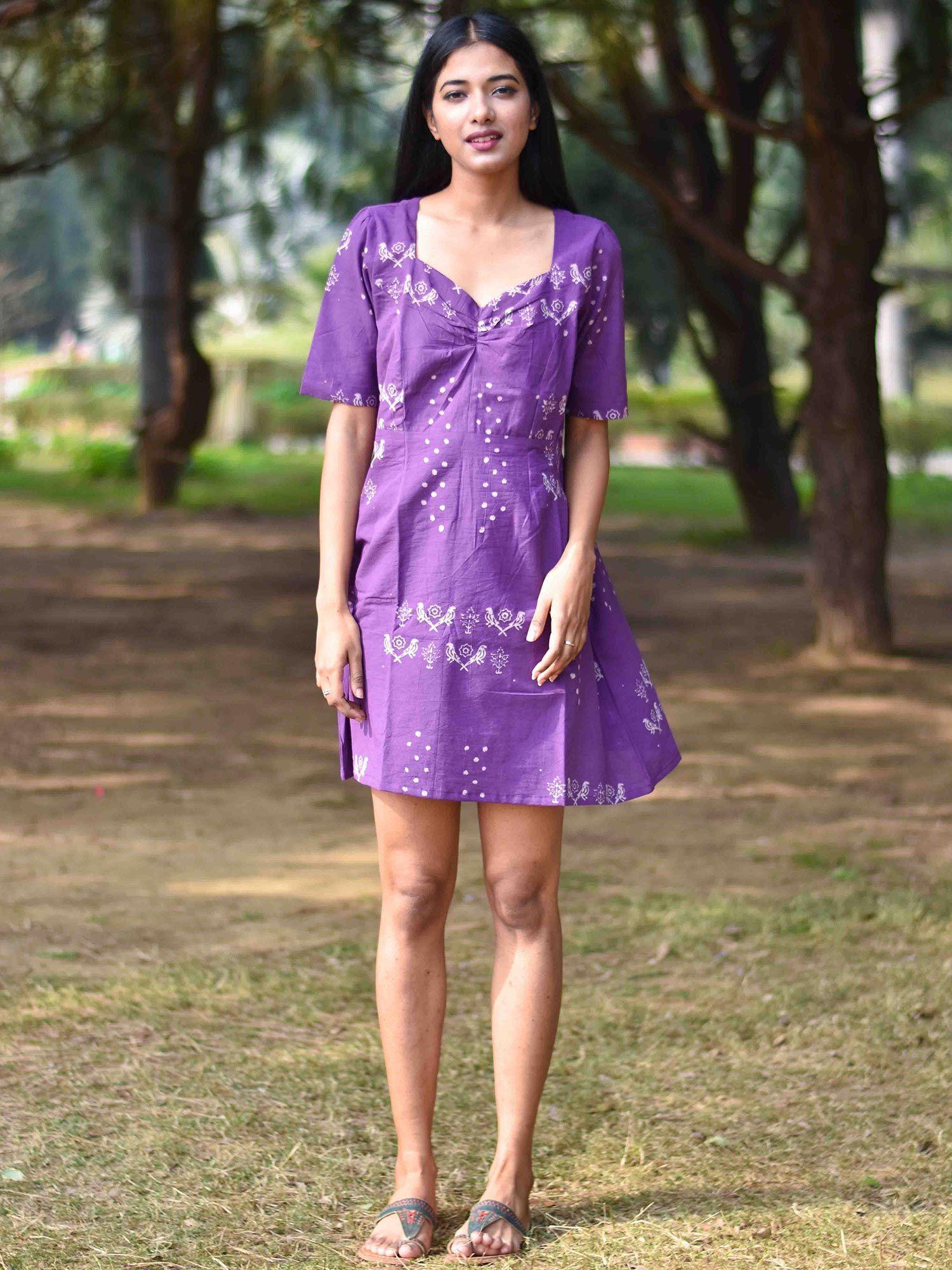 purple pure cotton block printed dress - nupur