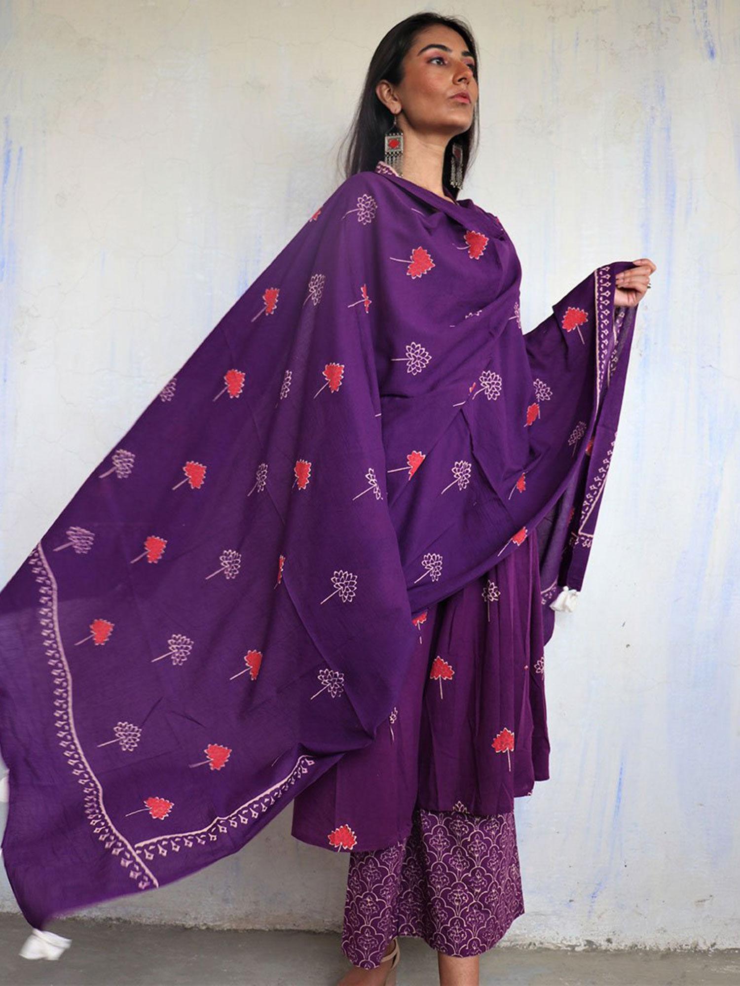 purple pure cotton block printed dupatta ajooni