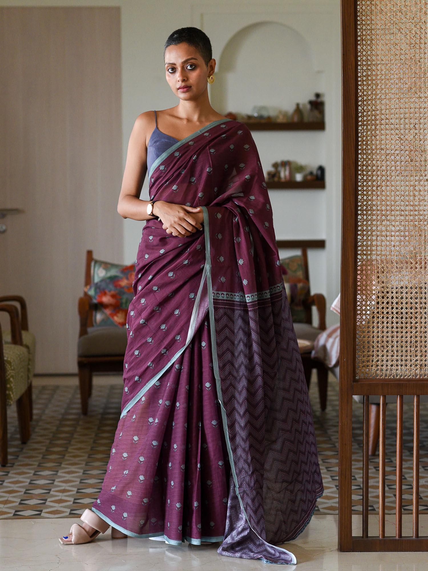 purple pure cotton floral printed saree