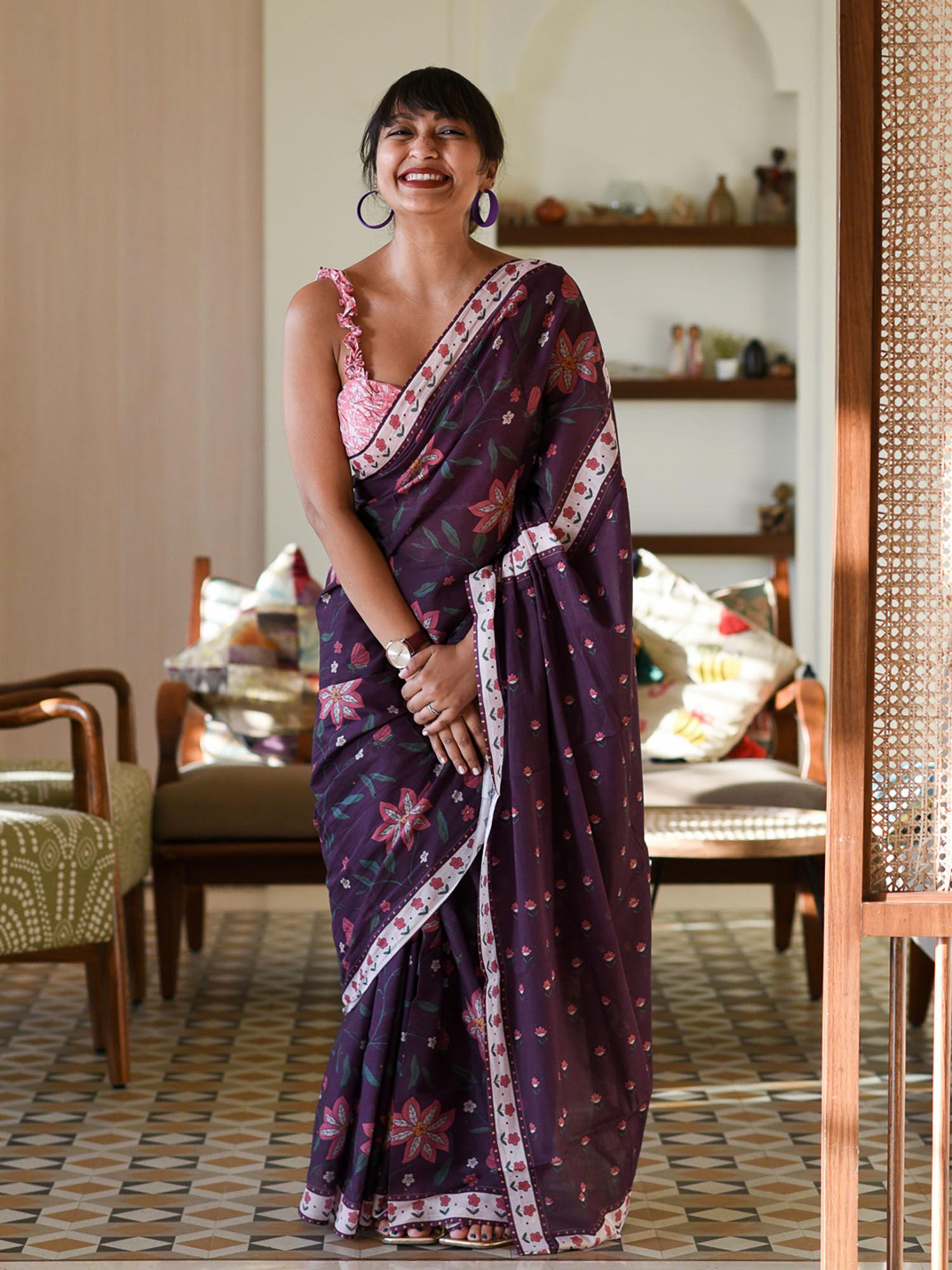 purple pure cotton floral printed saree