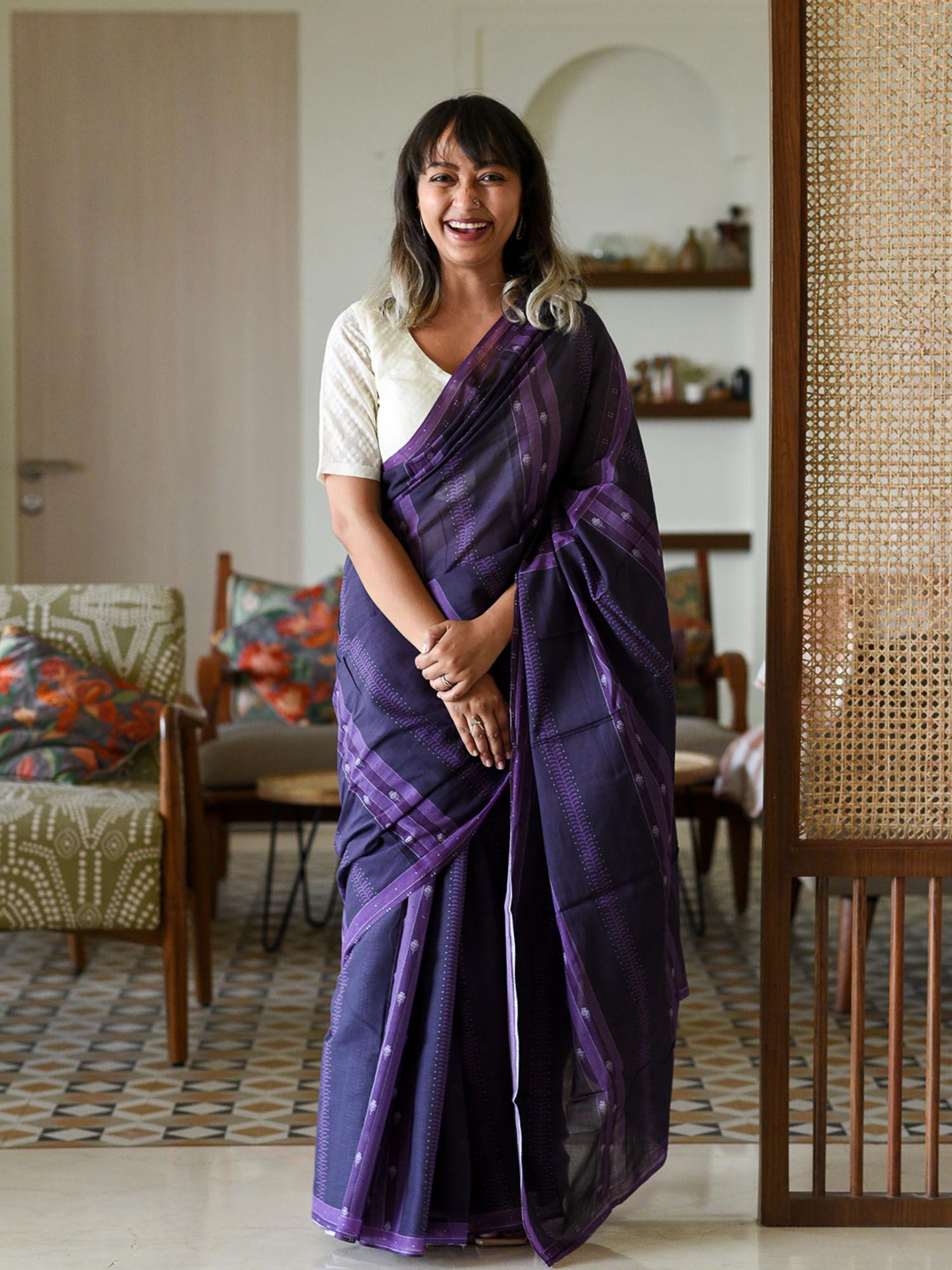 purple pure cotton floral printed saree