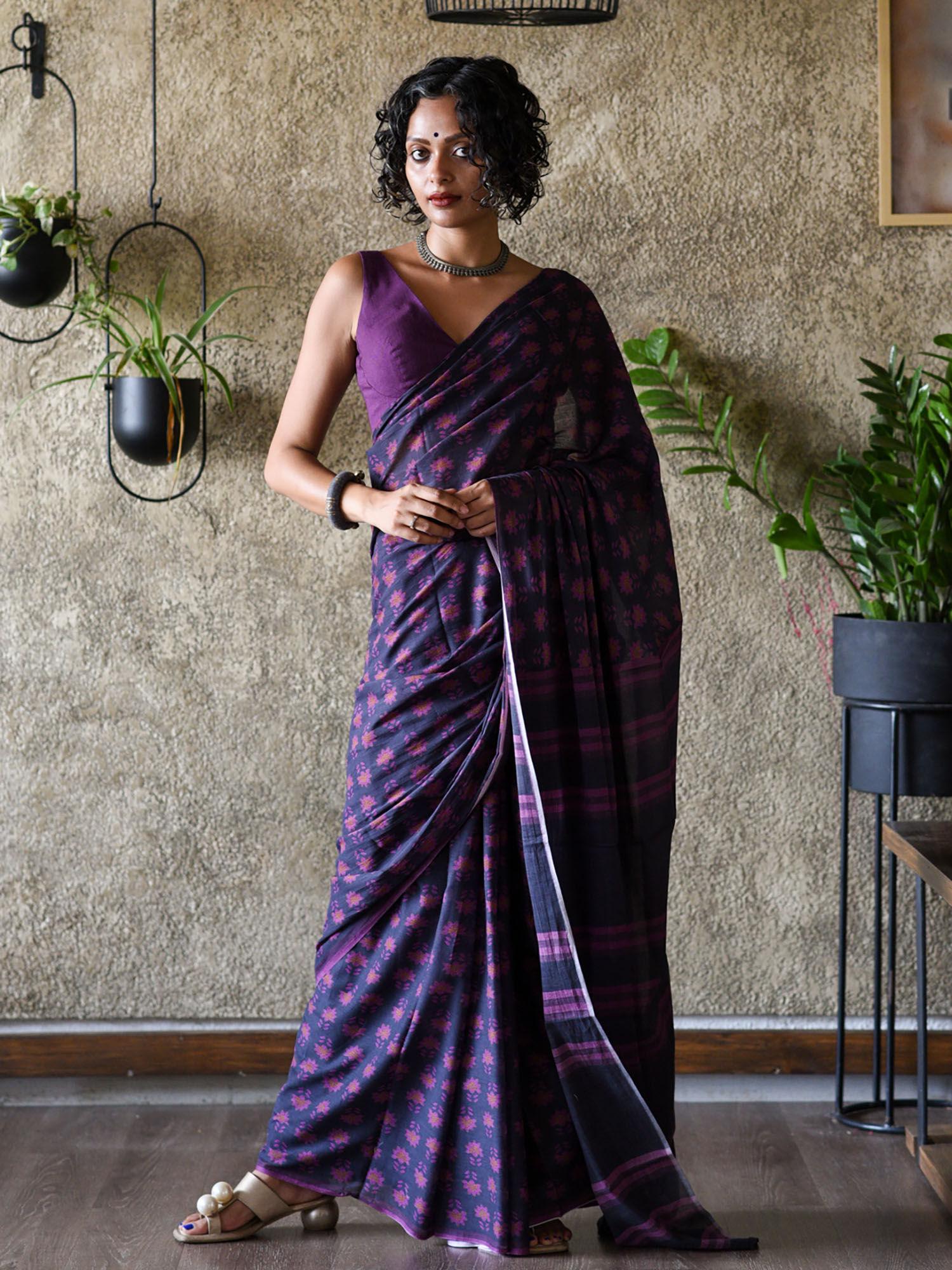 purple pure cotton floral printed saree